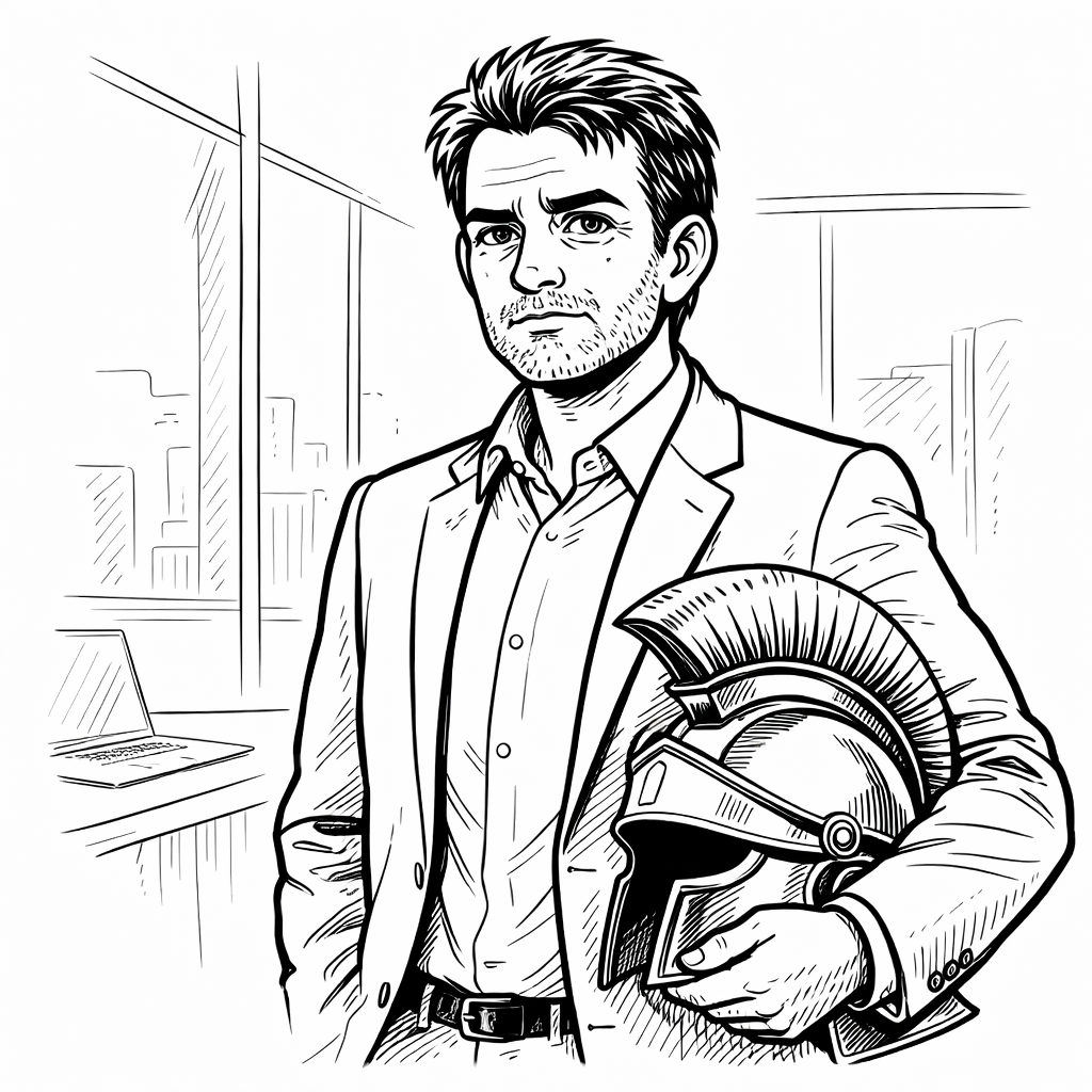Black-and-white illustration of Leonard, a modern service leader holding a Centurion helmet in an office.